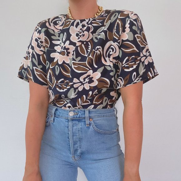 Vintage Tops - Vintage Silk Floral Short Sleeve Blouse Navy